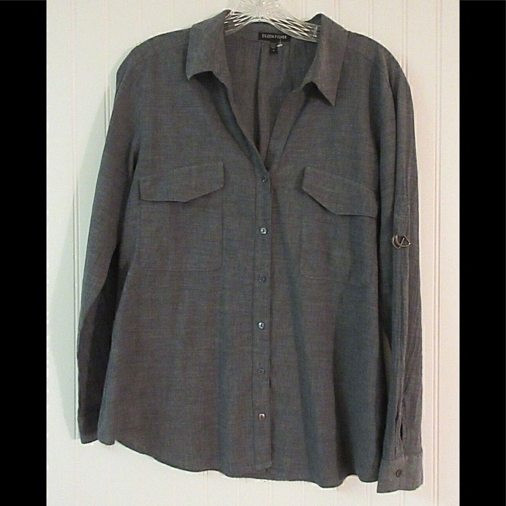 Eileen Fisher cotton & linen blouse blue/gray Small